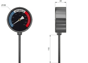 Teploměr spalin pro vertikální jímku 100mm průměr ciferníku 