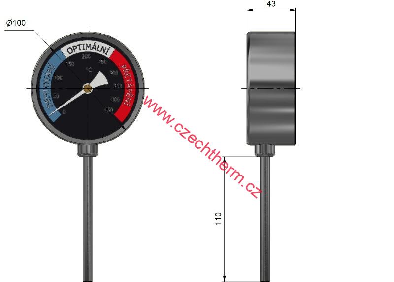 Teploměr spalin pro vertikální jímku 100mm průměr ciferníku 