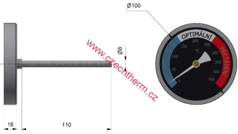 Teploměr spalin pro horizontální jímku průměr 100mm